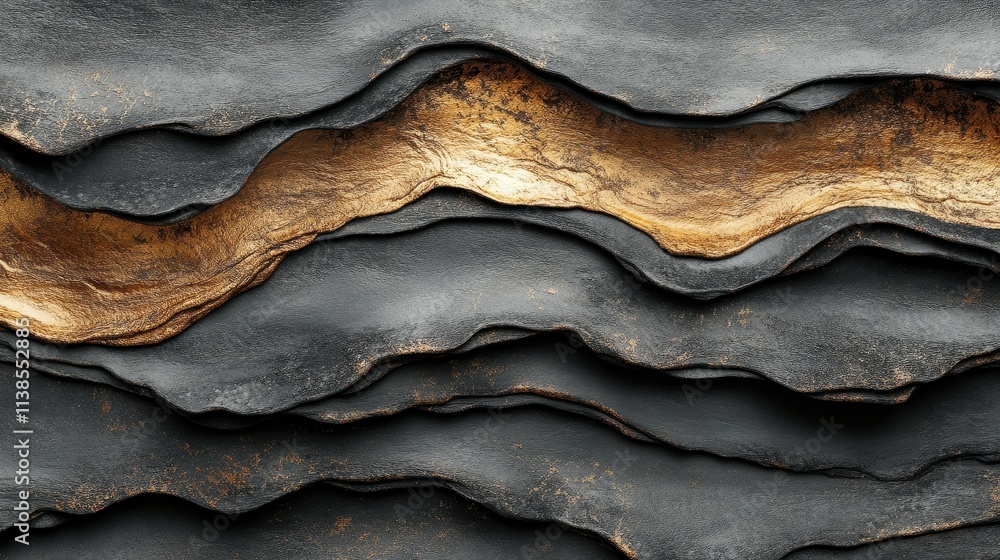 Poster This artwork showcases a textured composition featuring flowing gold patterns set against dark, wavy surfaces. The intricate layers create visual depth and a sense of movement