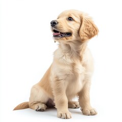 Fototapeta premium A playful golden retriever puppy sitting with a curious expression on a white background 