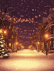 Snowy Christmas Street Scene with Festive Lights and Lush Trees, Capturing the Magic of Winter Evenings in a Charming Neighborhood