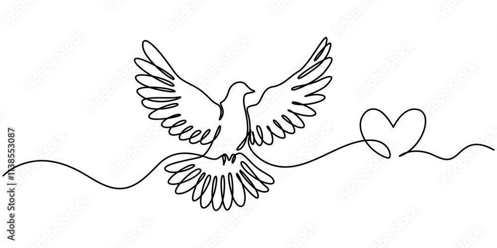 Poster Dove of Peace Editable Continuous Line Icon, Bird flying with heart in continuous line art drawing. One outline of dove animal. Vector illustration isolated. Minimalist design handdrawn, White dove. 