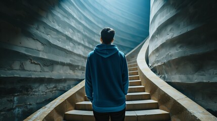A young Asian male stands at the base of a spiraling staircase, illuminated by soft blue light, evoking a sense of introspection and wonder.