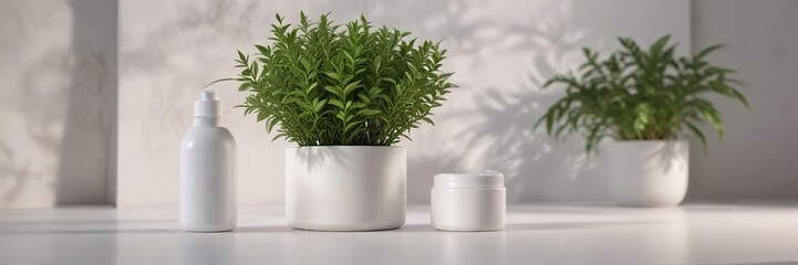 Fototapeta premium A round white plastic cream bottle with a box and some greenery nearby , nature, plant, box