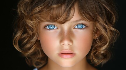 Naklejka premium A young child with curly hair and bright blue eyes gazes intently at the camera. The child displays a thoughtful and curious expression, surrounded by a soft dark background