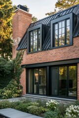 Charming black clad house with modern design and warm lights in evening