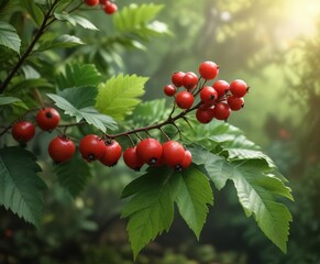 A single bright red berry on a green leafy branch against a warm and cozy background, fruit, nature, leaves
