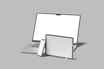 Laptop, tablet and mobile phone mockup set isolated on grey. 3D rendering stock photo