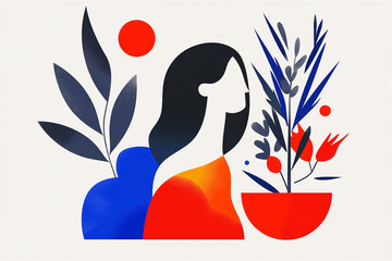 A modern abstract illustration featuring a woman’s silhouette in blue and red with floral elements. The creative design adds an artistic concept.