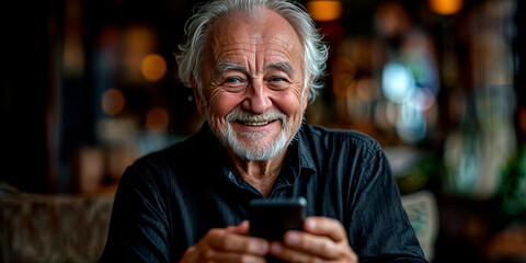 Elderly man with a joyful smile, holding a smartphone in his hands, sitting indoors with a blurred background featuring warm lights. Concept of happiness, technology use, and senior communication.