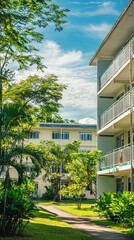 Serene Urban Landscape with Tropical Greenery and Modern Apartments Under a Bright Blue Sky with Fluffy White Clouds