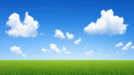 Fototapeta premium Bright Blue Sky with Fluffy White Clouds over Lush Green Grass Field