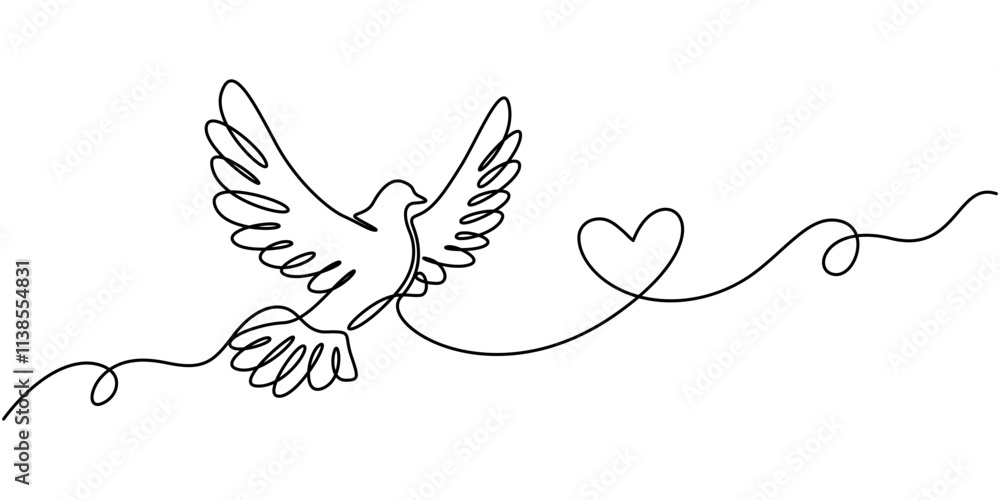 Poster dove of peace editable continuous line icon, bird flying with heart in continuous line art drawing. 