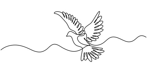 Dove of Peace Editable Continuous Line Icon, Bird flying with heart in continuous line art drawing. One outline of dove animal. Vector illustration isolated. Minimalist design handdrawn, White dove. 