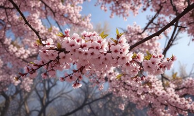 Cherry tree branches covered in blossoms and leaves during spring, trees, branch, blossom
