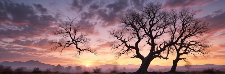 A tree's bare limbs stretching towards the pale light of dawn against a cloudy sky , morning, winter tree