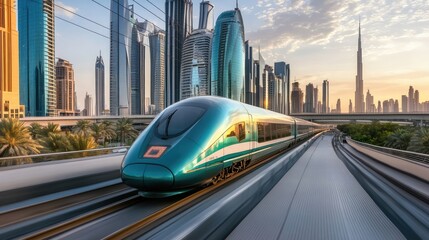A high-speed train of the future with a sleek, bullet-shaped body, moving on a futuristic monorail in a city filled with high-rise glass buildings and smart roads