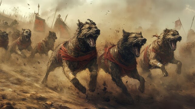 Fierce War Dogs Charging Into Battle Surrounded by Dust and Chaos in a Dramatic Historical Scene Depicting Ancient Warfare and Animal Courage