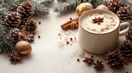Cozy Warm Beverage Surrounded by Pinecones and Christmas Ornaments, Perfect for Winter Festivities, Capturing the Essence of Holiday Comfort and Cheer