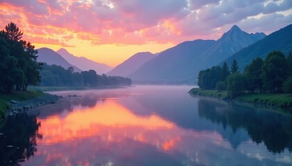 Misty dawn on the Kurchum River with mountains in background, riverscape, water