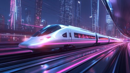 Fototapeta premium A high-speed train of the future with glowing neon accents, traveling at incredible speed through a smart city with towering, high-tech buildings