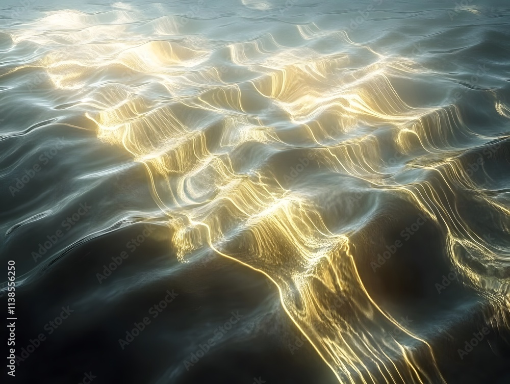 Poster ethereal reflections on water surface capturing golden light patterns and ripples in a tranquil envi
