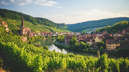 Scenic Vineyard Landscape with Charming Village Along a River in the Beautiful Countryside, Surrounded by Lush Green Hills and Historic Architecture