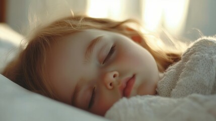 A young child sleeps soundly, wrapped in a cozy blanket, with gentle sunlight filtering through nearby curtains, creating a serene atmosphere in the room