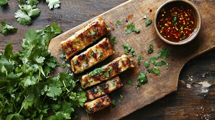 A rustic cutting board with dipping sauce, egg rolls, and a scattering of fresh cilantro and chili flakes