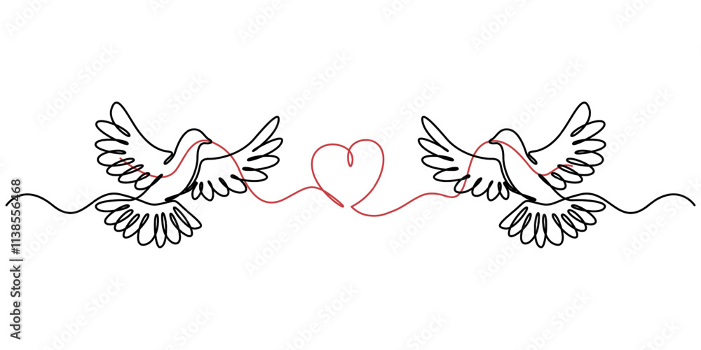 Poster dove of peace editable continuous line icon, bird flying with heart in continuous line art drawing. 