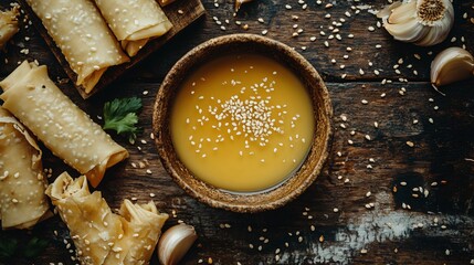 A rustic flat-lay of dipping sauce surrounded by egg rolls, garlic cloves, and a scattering of sesame seeds