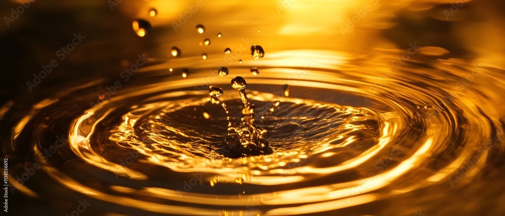 Poster stunning close-up of water droplets creating ripples in a golden liquid, reflecting warm light in an