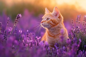 Obraz premium Curious cat observing lavender fields at sunset nature photography tranquil environment feline perspective on beauty