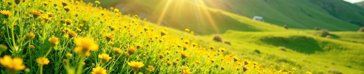 Dappled sunlight illuminates a field of yellow wildflowers, grass, hillside