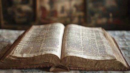 Obraz premium Antique open book on table with aged pages and blurred background.