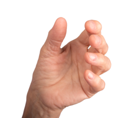 Wrinkled hand reaching to grab or hold, fingers slightly curled with a relaxed palm. Gesture of grasping or seizing, showing soft, aged skin. isolated on a clean white background..
