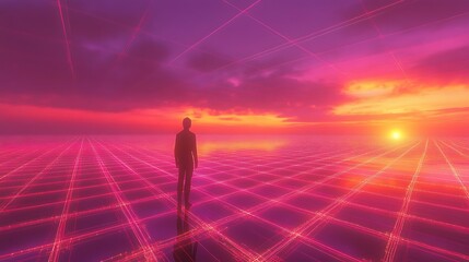 Sci-fi inspired glowing wireframe grid stretching into the horizon with futuristic light effects
