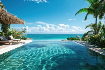 Naklejka premium Relaxing poolside retreat tropical beach scenic photography serene environment wide angle vacation vibes