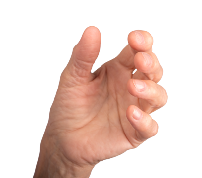 Wrinkled hand reaching to grab or hold, fingers slightly curled with a relaxed palm. Gesture of grasping or seizing, showing soft, aged skin. isolated on a clean white background..