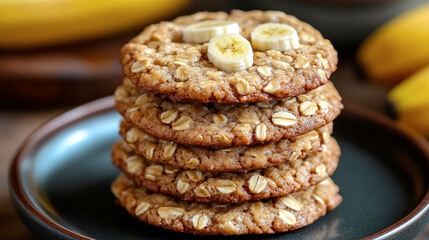 Deliciously wholesome banana oat cookies stacked on a rustic plate, a perfect snack for any time of the day, capturing the essence of healthy indulgence and comfort food