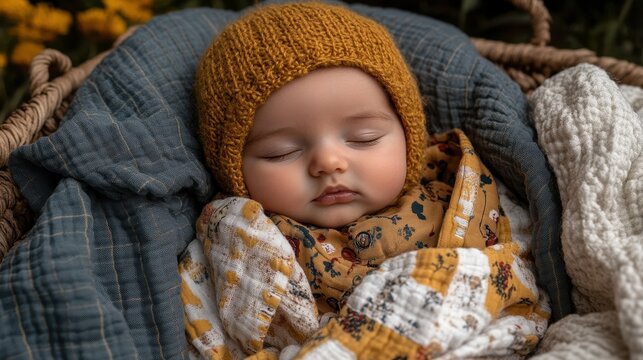 A sweet baby sleeps soundly in a woven basket, wrapped in soft blankets featuring vibrant colors. The baby wears a warm knitted hat, with flowers in the background, hinting at an outdoor setting