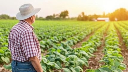 Farmer Standing Proudly in Sunlit Green Field at Dusk with Crops