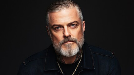 Obraz premium A man with a well-groomed beard and slicked-back hair poses confidently in a denim jacket. The dark background highlights his facial features and expression, offering a strong visual impact
