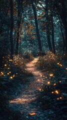 Obraz premium Enchanted Forest Pathway at Twilight with Glowing Fireflies Illuminating the Trail Through Lush Greenery Surrounded by Tall Trees and Mystical Atmosphere
