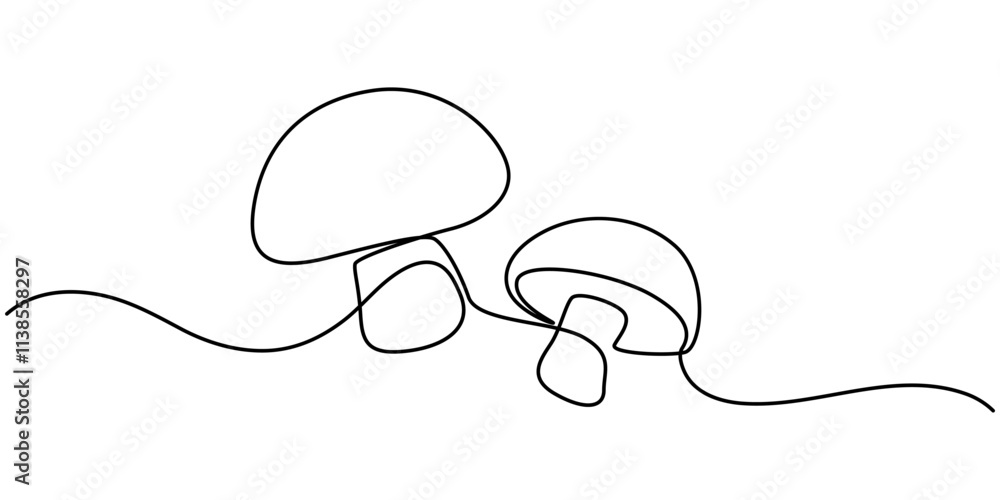 Aufkleber Mushroom continuous one line drawing of isolated outline vector icon, Mushroom in one continuous line drawing. Nature food in simple linear style. Edible autumn harvest in editable stroke. Doodle. 