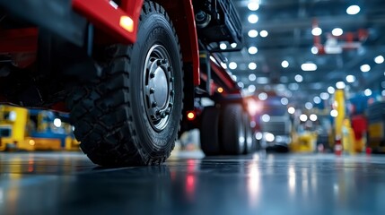 Fototapeta premium Truck maintenance action in industrial workshop high-tech environment close-up viewpoint for logistics efficiency