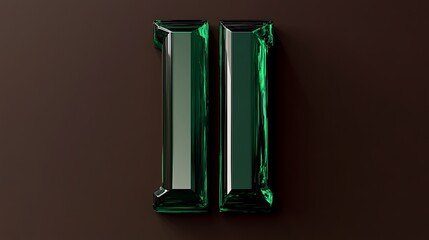 A refined 3D letter "I" in deep emerald green with a glossy finish on a solid dark brown background.