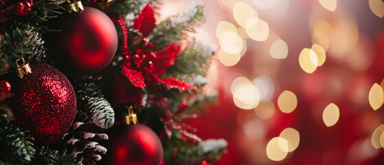 Close up Christmas fir wreath decorated with pine cones, red flowers, shimmer ornaments. Seasonal designs and holiday mockup with copy space. Generative ai