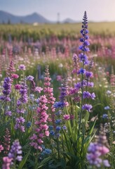 Obraz premium Blue green pink purple flower field with tall stalks and gentle breeze, stalks, purple