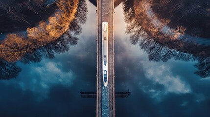 A high-speed train passing over a bridge, with the reflection of the train mirrored in the river below, creating a perfect symmetrical view