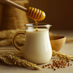 Golden honey drips gracefully from a dipper into a creamy jug of milk, accompanied by rustic malt stems and scattered seeds on a rustic table