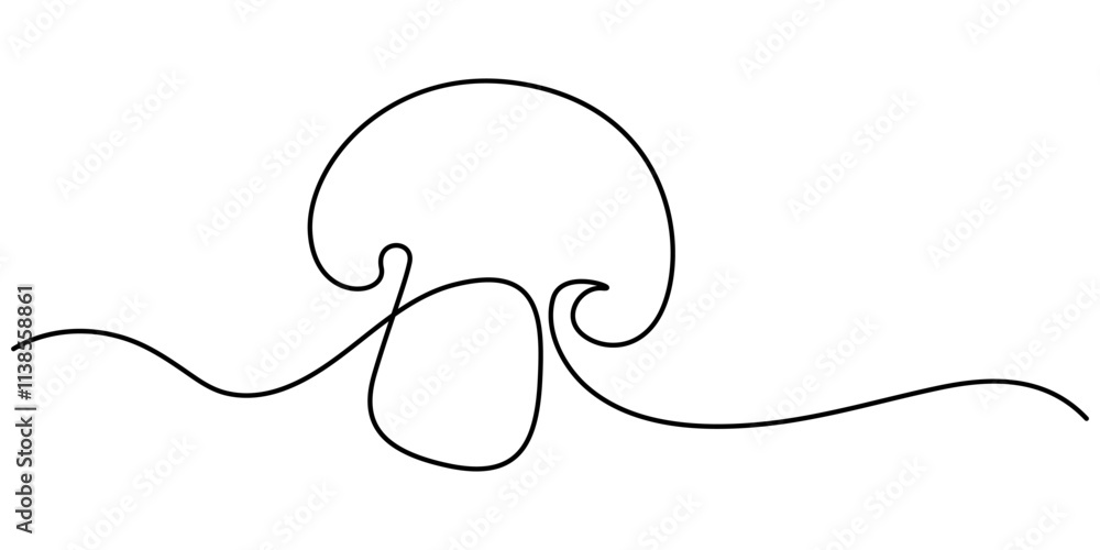 Poster Mushroom continuous one line drawing of isolated outline vector icon, Mushroom in one continuous line drawing. Nature food in simple linear style. Edible autumn harvest in editable stroke. Doodle. 